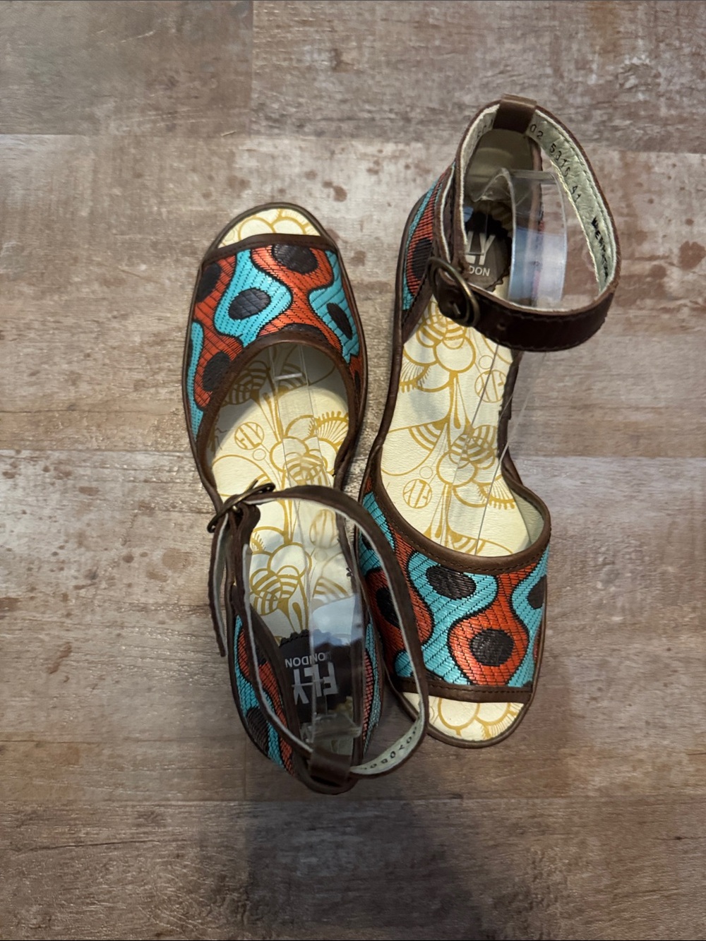 Fly London Teal, Red & Brown Patterned Ankle-Strap Sandals